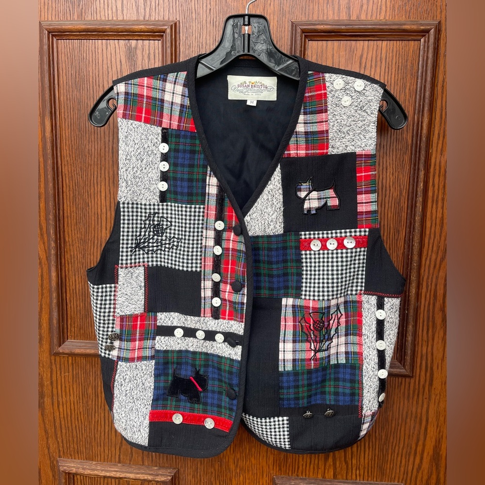 Medium Vintage Christmas Vest Plaid Patchwork Scottie Dog 90s Susan Bristol